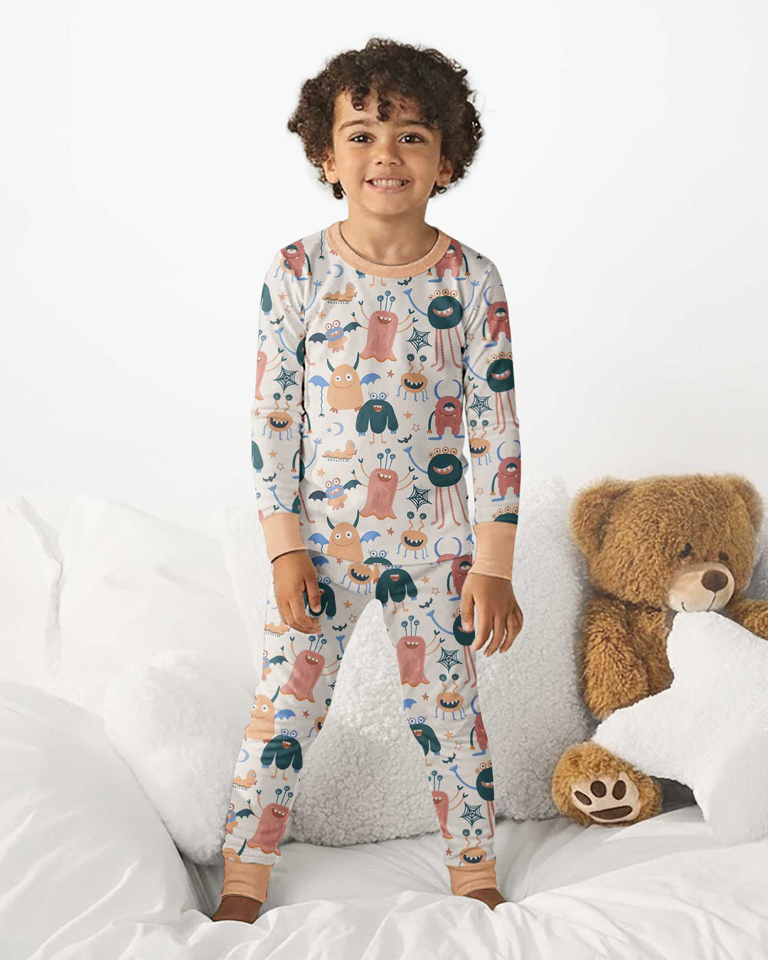 Monsters Fun Pastels Hand Painted Cute Bamboo Two Piece Long Sleeve Pajama Set