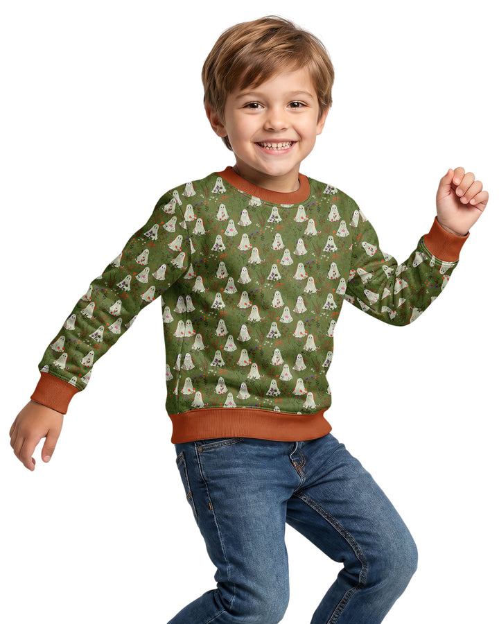 Cute Ghost Halloween Moss Green Floral Bamboo Crewneck Sweatshirt
