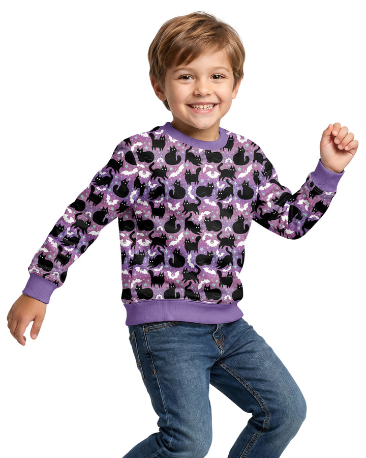 Spooky Black Cat Halloween Purple Bats Bamboo Crewneck Sweatshirt
