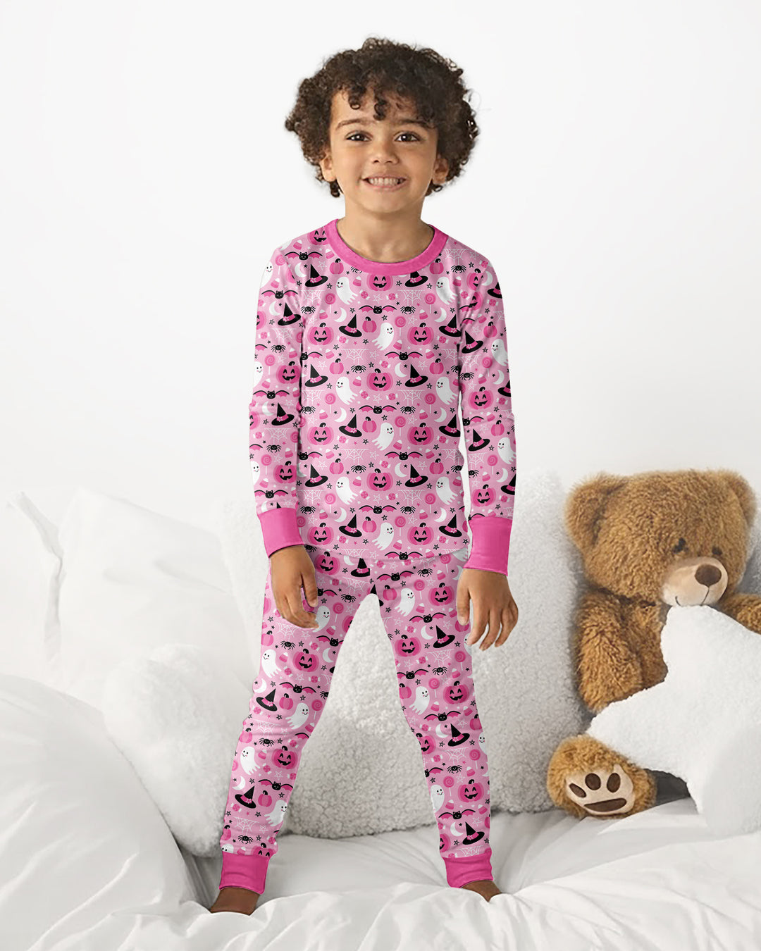 Cute Pink Halloween Ghost Pumpkin Witch Bamboo Two Piece Long Sleeve Pajama Set