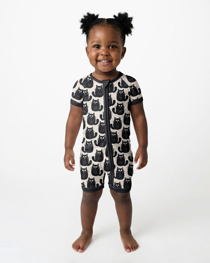 Moody Black Cats in Black and White Bamboo Shorty Zippy