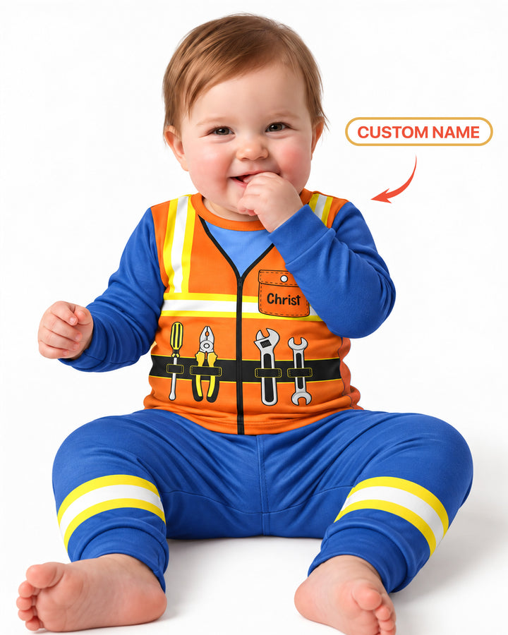Construction Worker Custom Name Bamboo Two Piece Long Sleeve Pajama Set