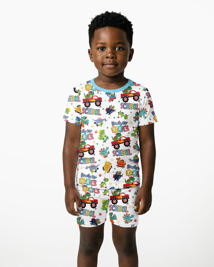 First Day of Preschool T-Rex Bamboo Two Piece Short Sleeve Shorts Pajama Set