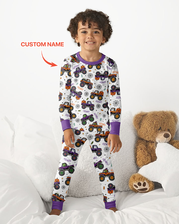 Custom Name Halloween Monster Truck Bamboo Two Piece Long Sleeve Pajama Set