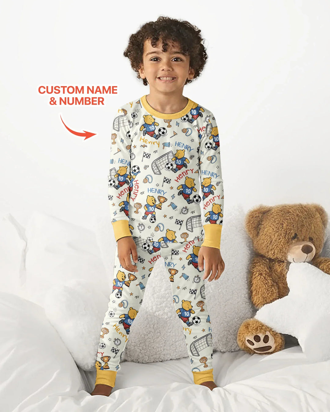 Personalized Classic Bear World Soccer Bamboo Two Piece Long Sleeve Pajama Set