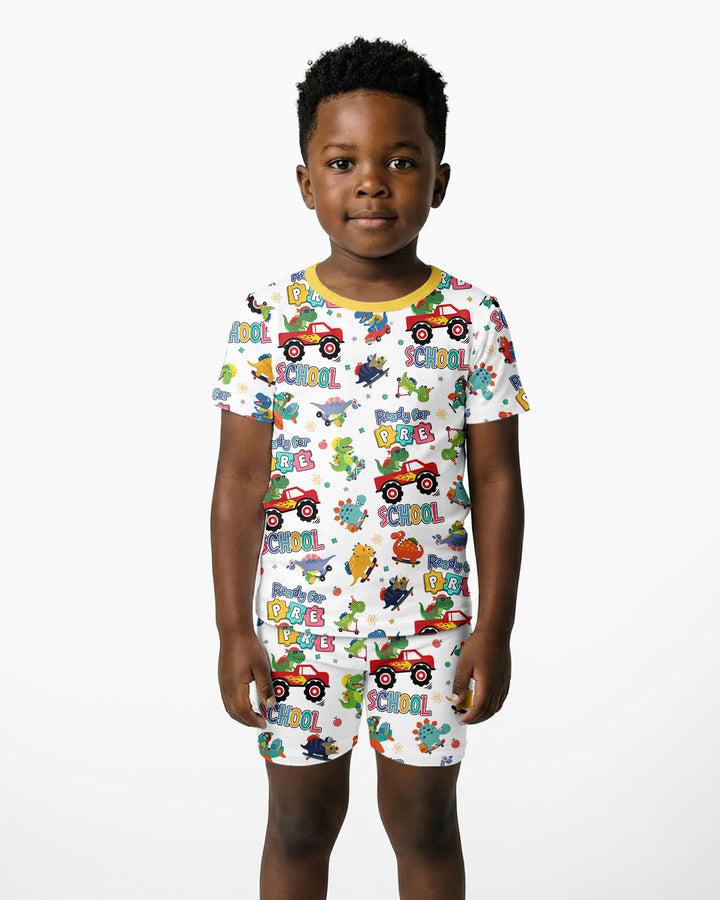First Day of Preschool T-Rex Bamboo Two Piece Short Sleeve Shorts Pajama Set