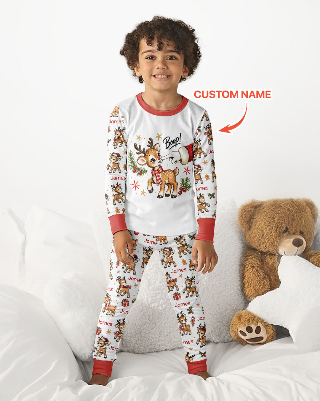 Reindeer Santa Boop Custom Name Bamboo Two Piece Long Sleeve Pajama Set