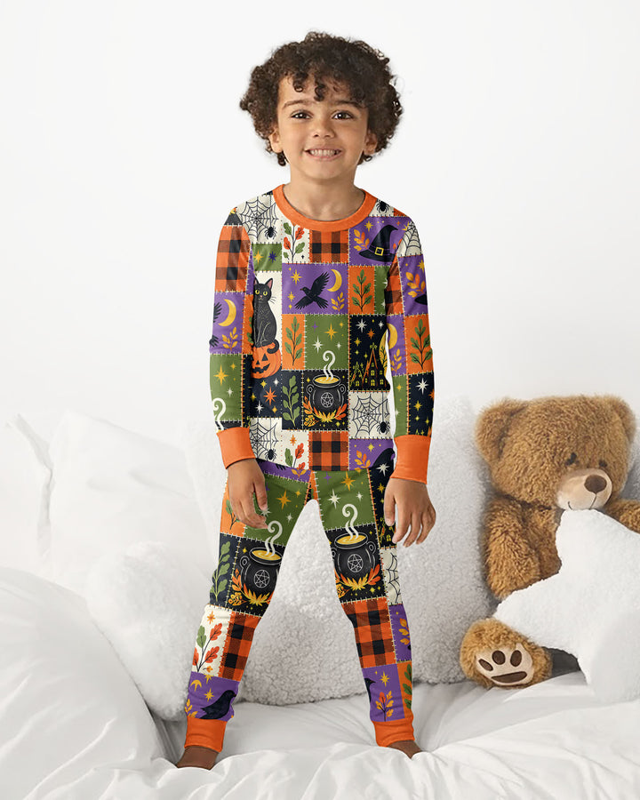 Halloween Black Cat Patchwork Bamboo Two Piece Long Sleeve Pajama Set