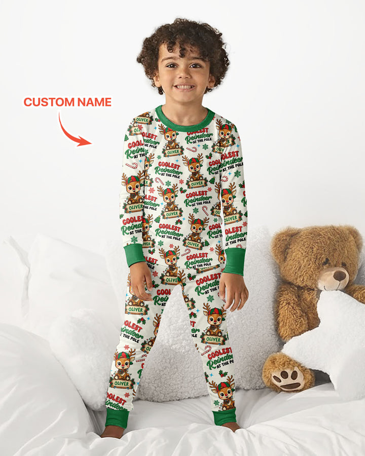 Custom Name Coolest Reindeer At The Pole Bamboo Two Piece Long Sleeve Pajama Set
