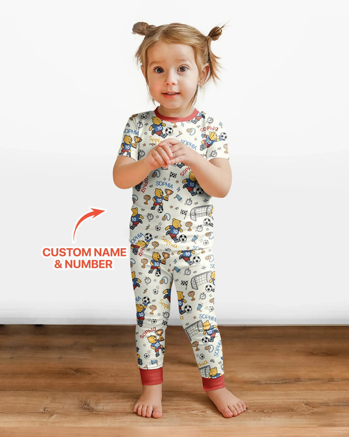 Personalized Classic Bear World Soccer Bamboo Two Piece Short Sleeve Pajama Set