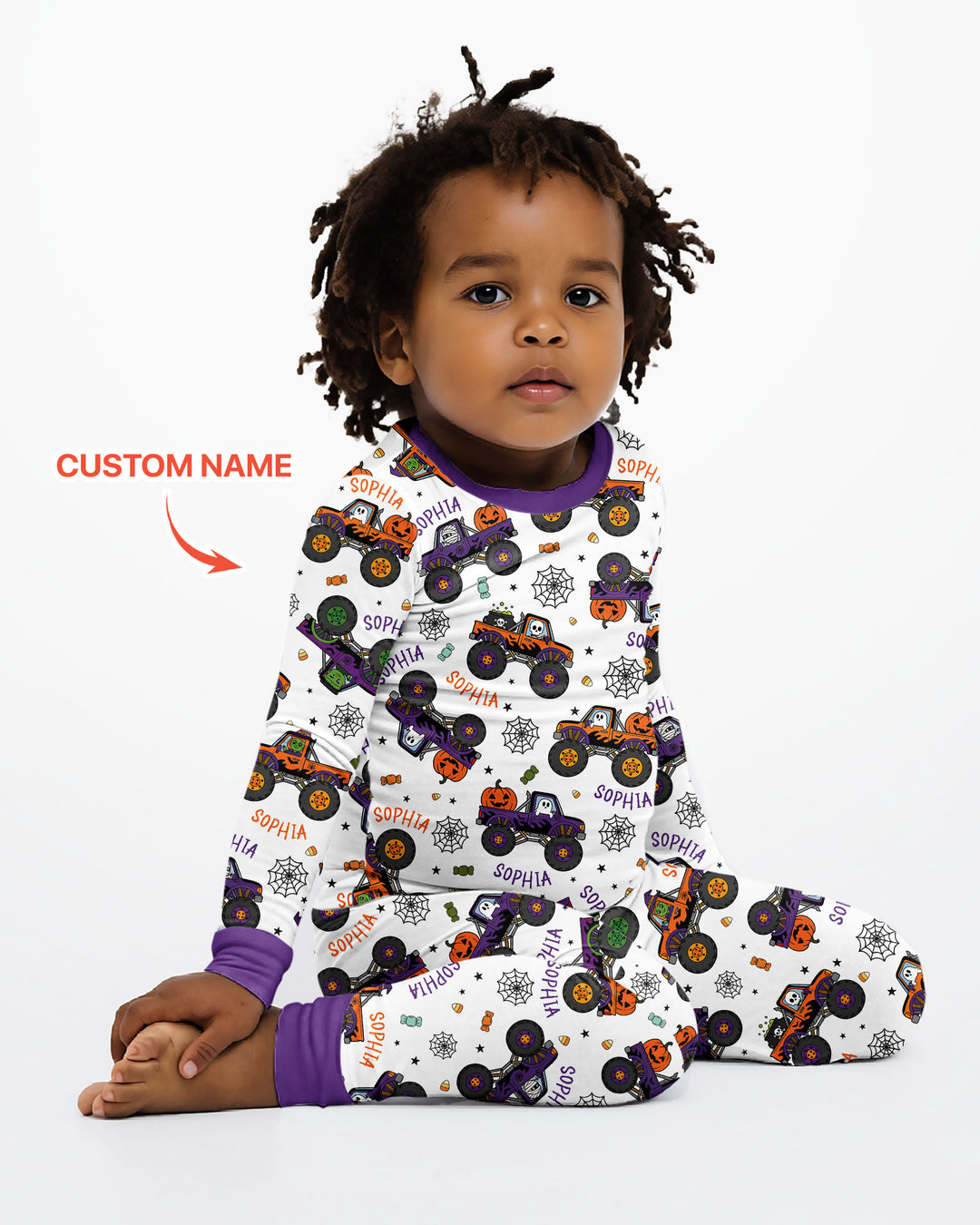 Custom Name Halloween Monster Truck Bamboo Two Piece Long Sleeve Pajama Set