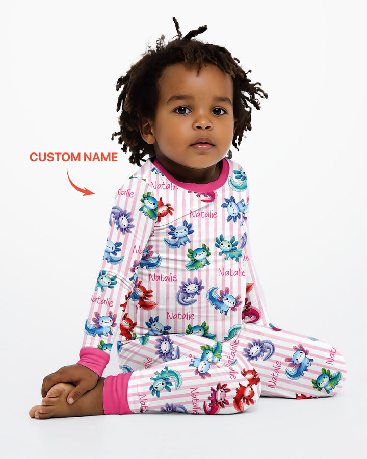 Cute Axololt Custom Name Bamboo Two Piece Long Sleeve Pajama Set