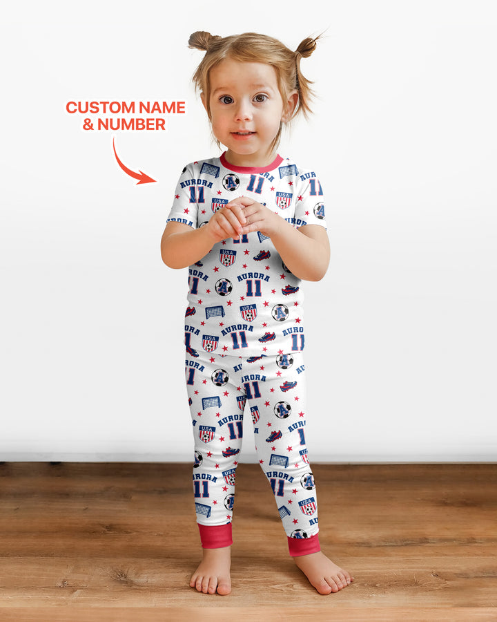 Custom Name Soccer Time Bamboo Two Piece Short Sleeve Pajama Set