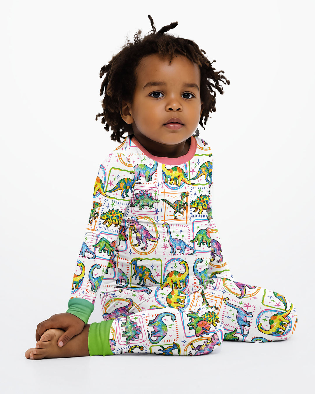 Dinosaur Colorful Stamps Bamboo Two Piece Long Sleeve Pajama Set