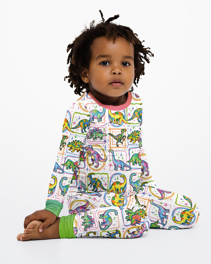 Dinosaur Colorful Stamps Bamboo Two Piece Long Sleeve Pajama Set