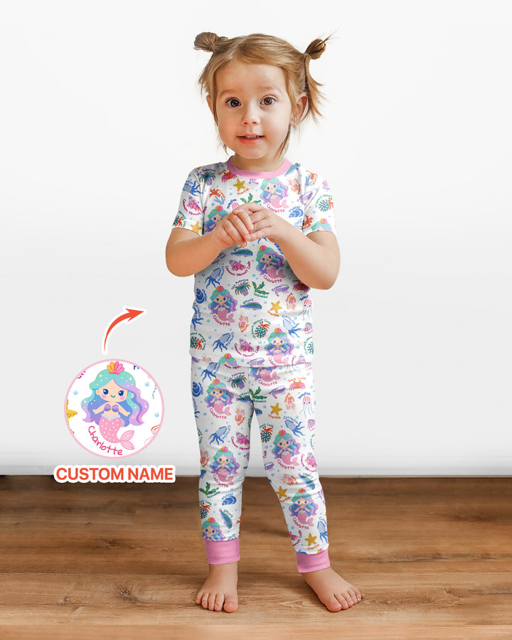 Personalized Cute Mermaid Bamboo Two Piece Short Sleeve Pajama Set