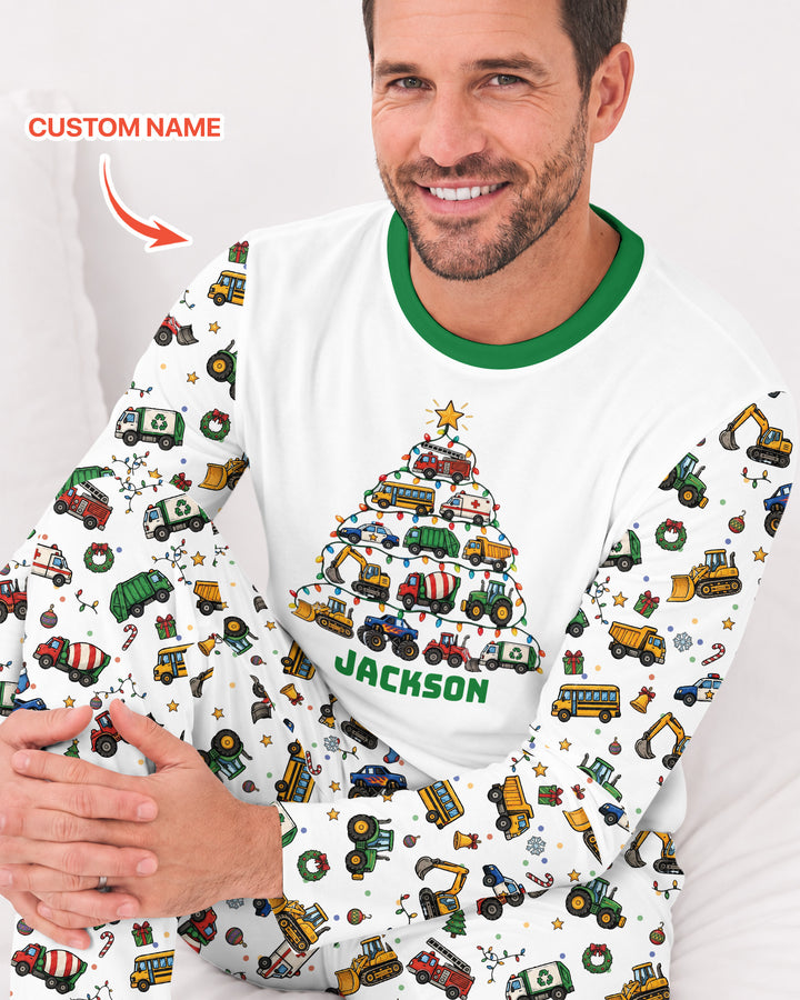Custom Name Little Trucks Christmas Tree Bamboo Men's Pajama Set