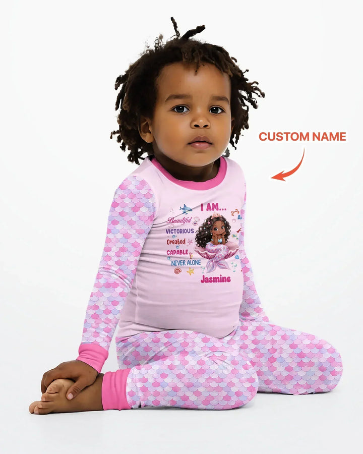 Custom Name Black Mermaid I Am Beautiful Bamboo Two Piece Long Sleeve Pajama Set