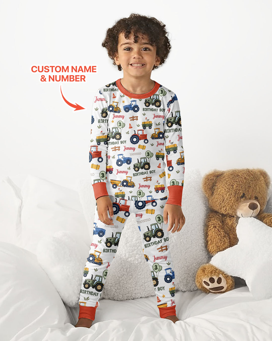 Custom Name and Age Tractor Birthday Boy Bamboo Two Piece Long Sleeve Pajama Set