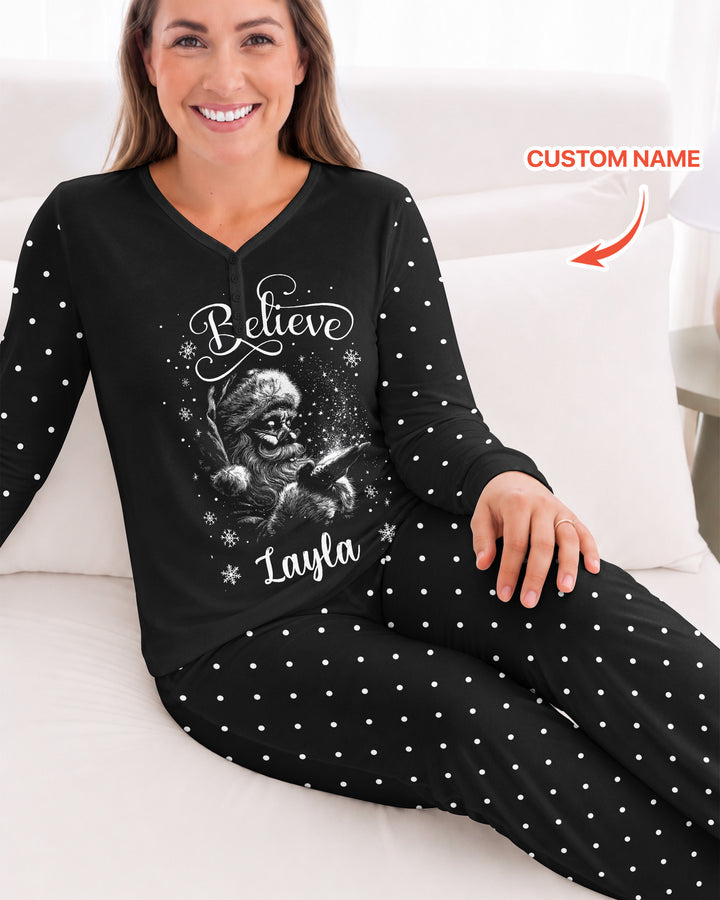 Custom Name Vintage Believe Santa Bamboo Women Pajama Set