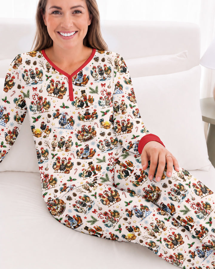 Funny Roosters On Christmas Bamboo Women Pajama Set