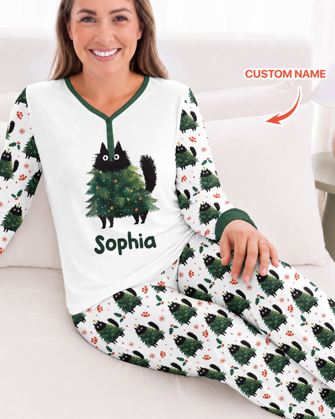 Custom Name Black Cat Christmas Bamboo Women Pajama Set