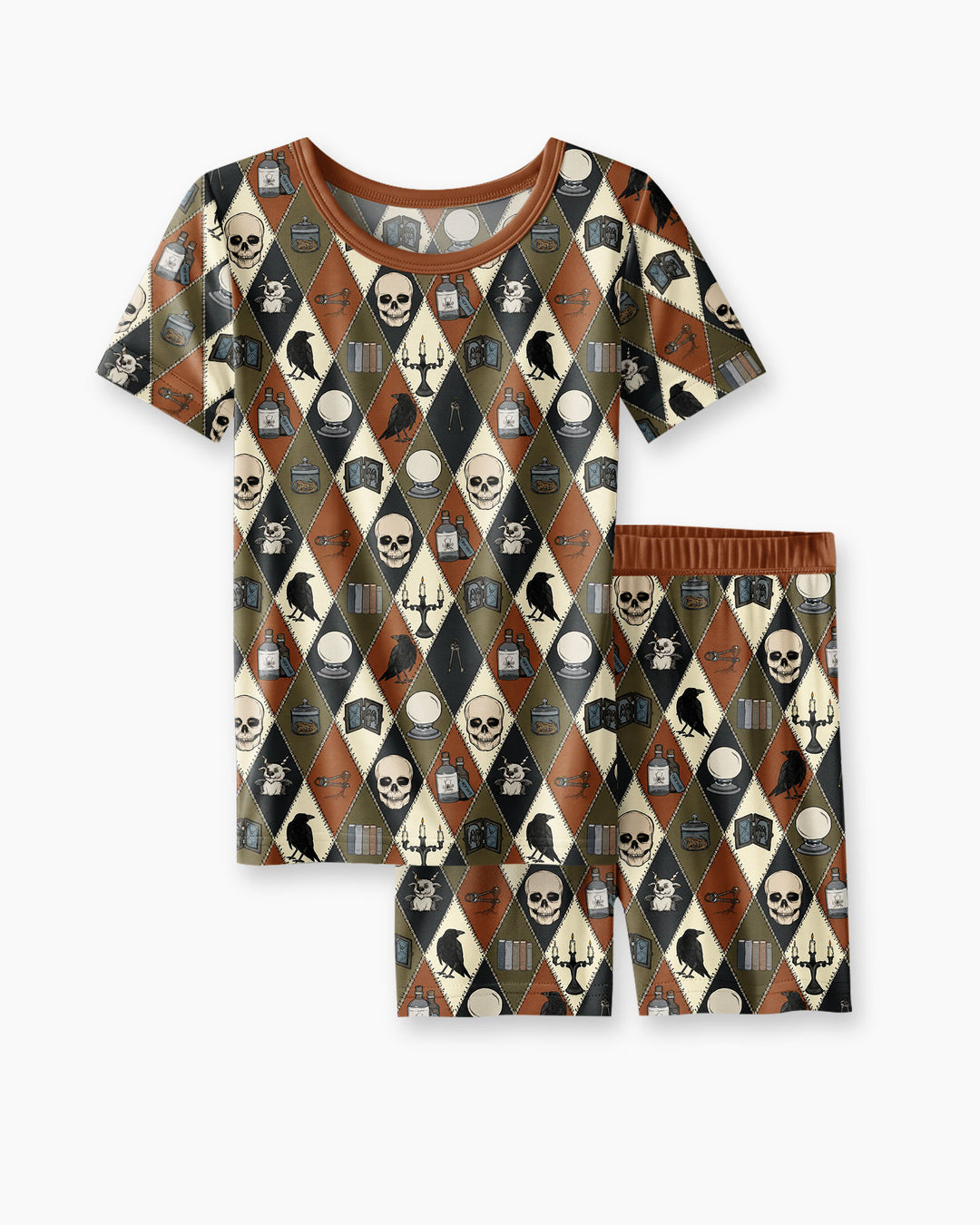 Retro Gothic Halloween Patchwork Bamboo Two Piece Short Sleeve Shorts Pajama Set