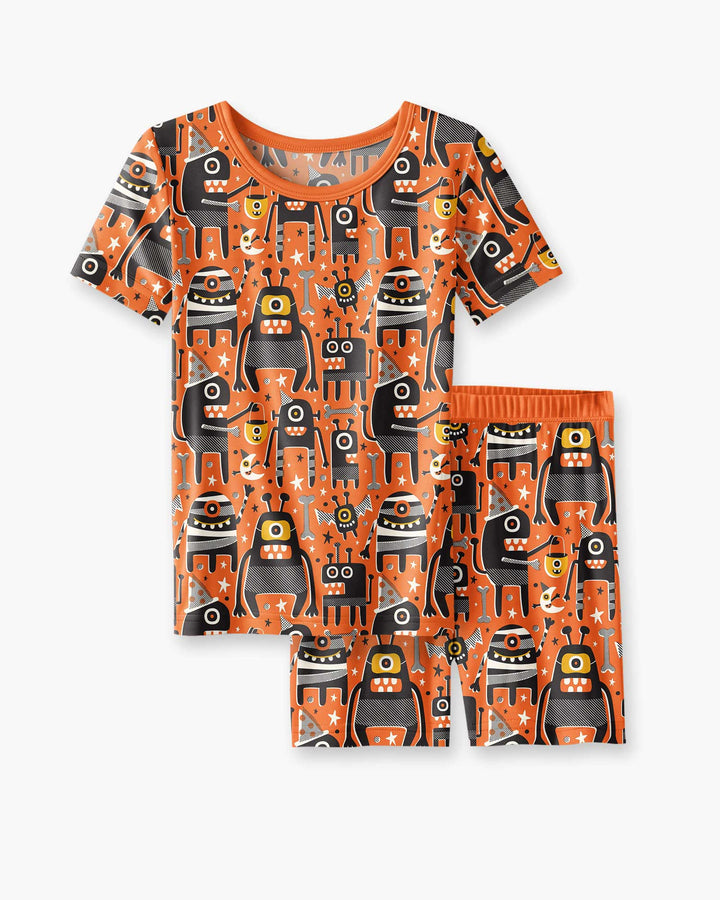 Mid Century Halloween Monster Toss Bamboo Two Piece Short Sleeve Shorts Pajama Set