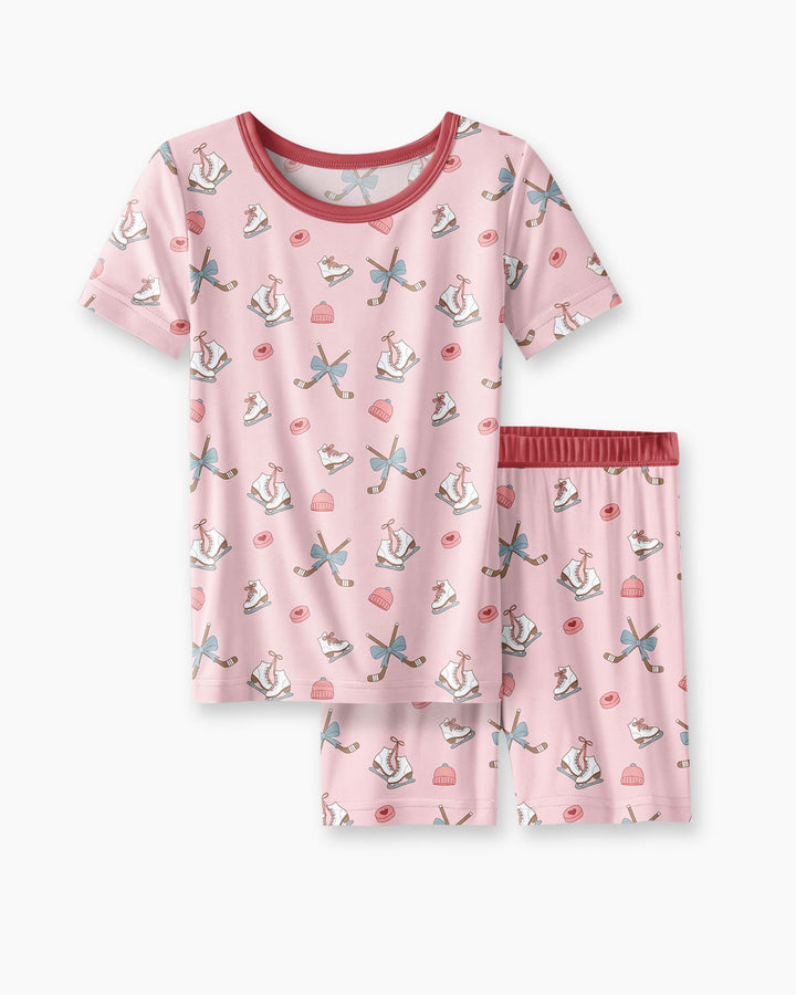 Girly Hockey Pink Bamboo Two Piece Short Sleeve Shorts Pajama Set