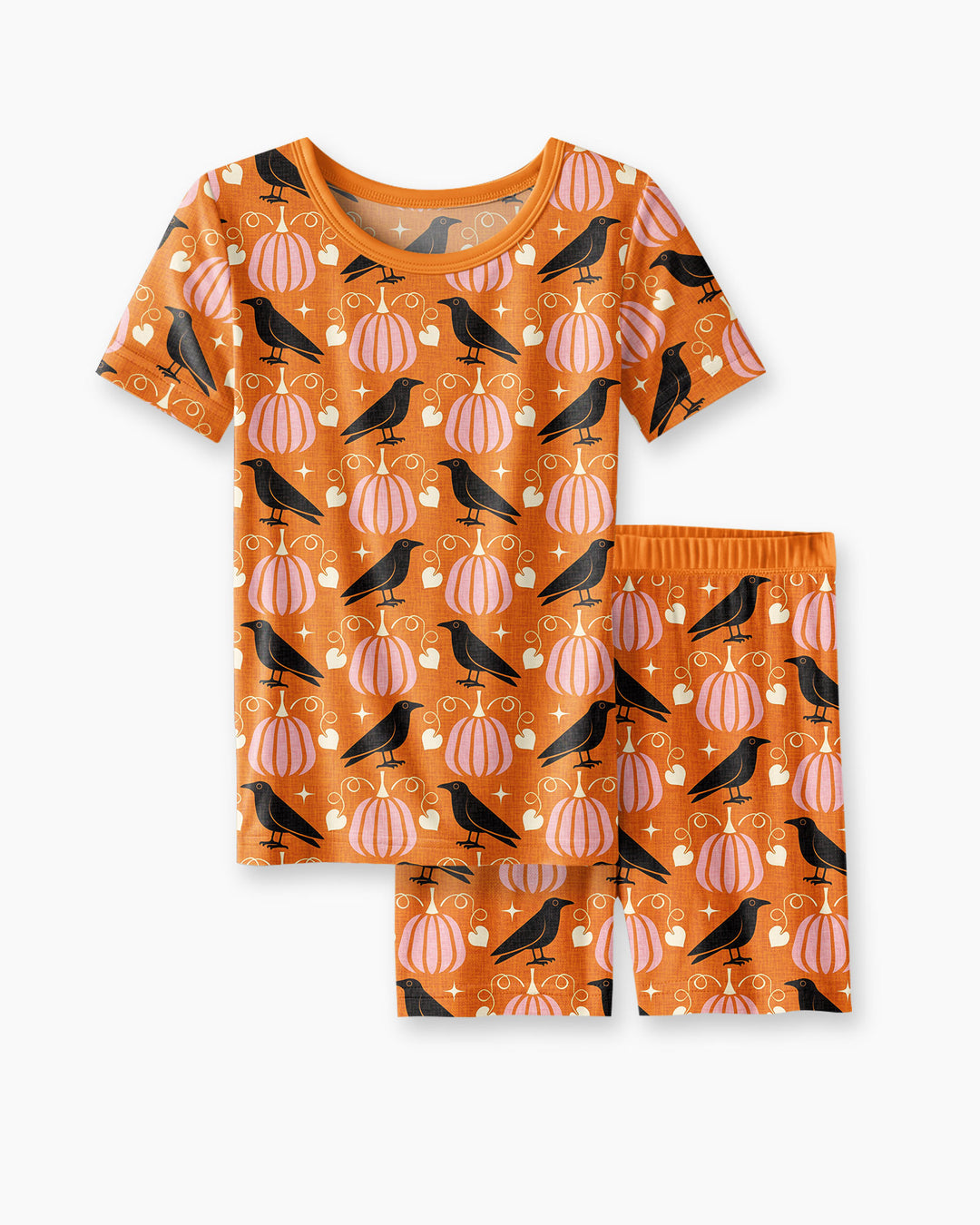 Ravens in a Pumpkin Patch - Orange Pink Bamboo Two Piece Short Sleeve Shorts Pajama Set