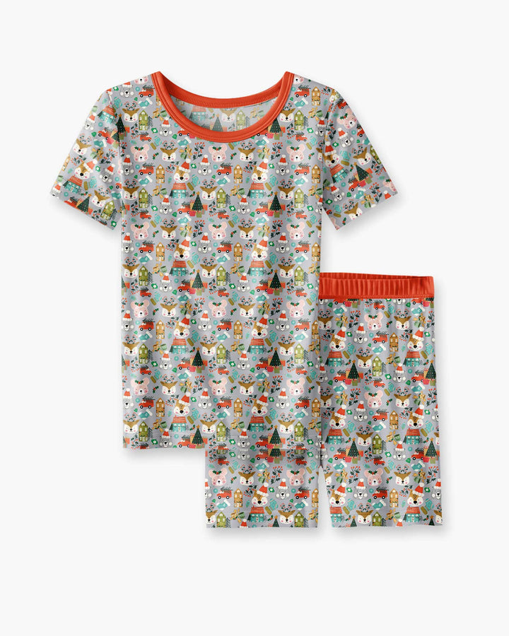 Christmas Woodland Deer Fox Bear Bamboo Two Piece Short Sleeve Shorts Pajama Set