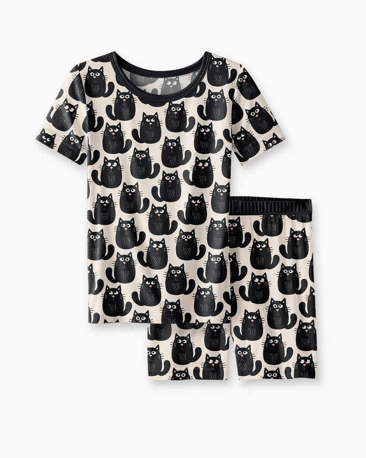 Moody Black Cats in Black and White Bamboo Two Piece Short Sleeve Shorts Pajama Set
