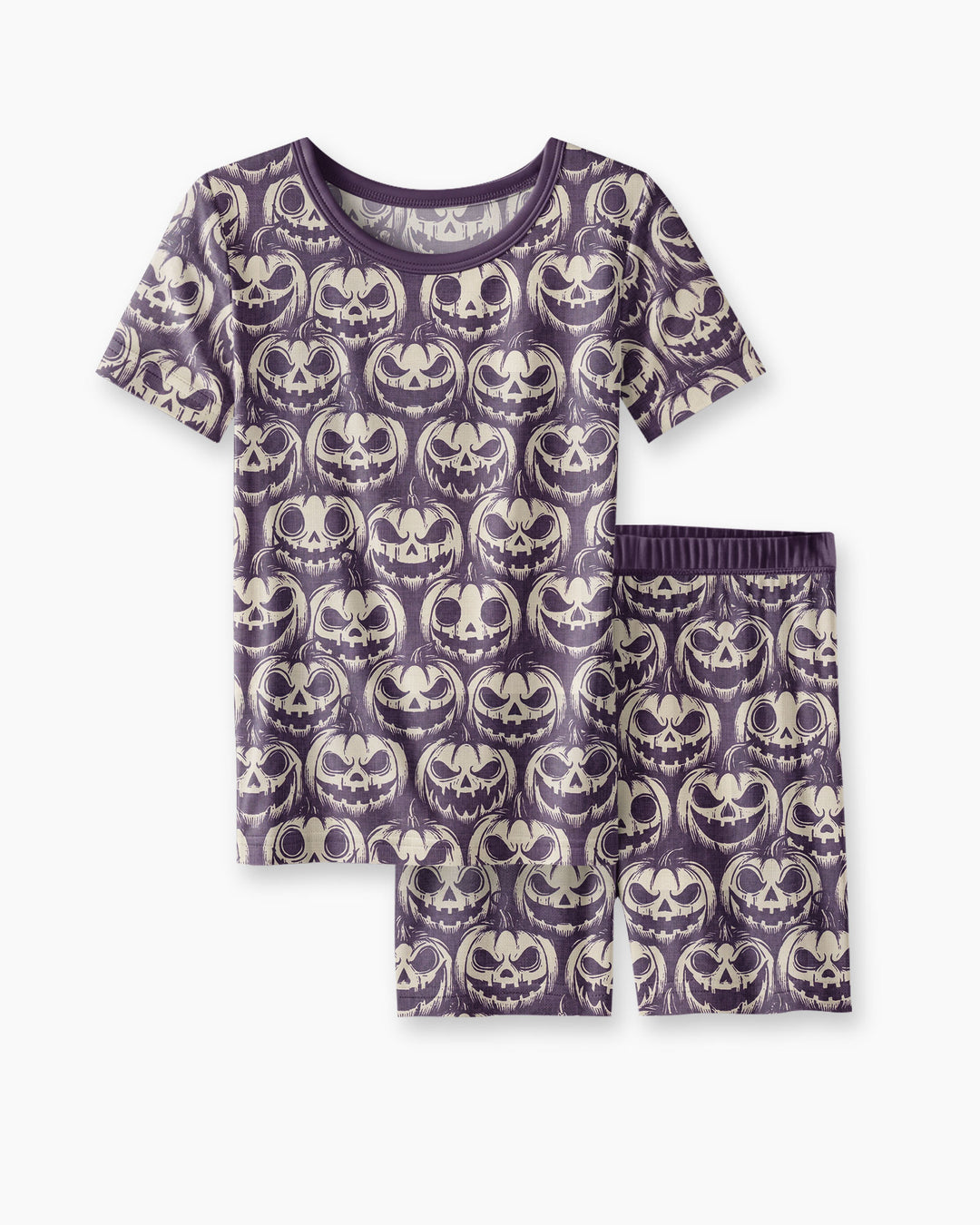 Retro Halloween Jack-O-Lantern Spooky Faces Bamboo Two Piece Short Sleeve Shorts Pajama Set