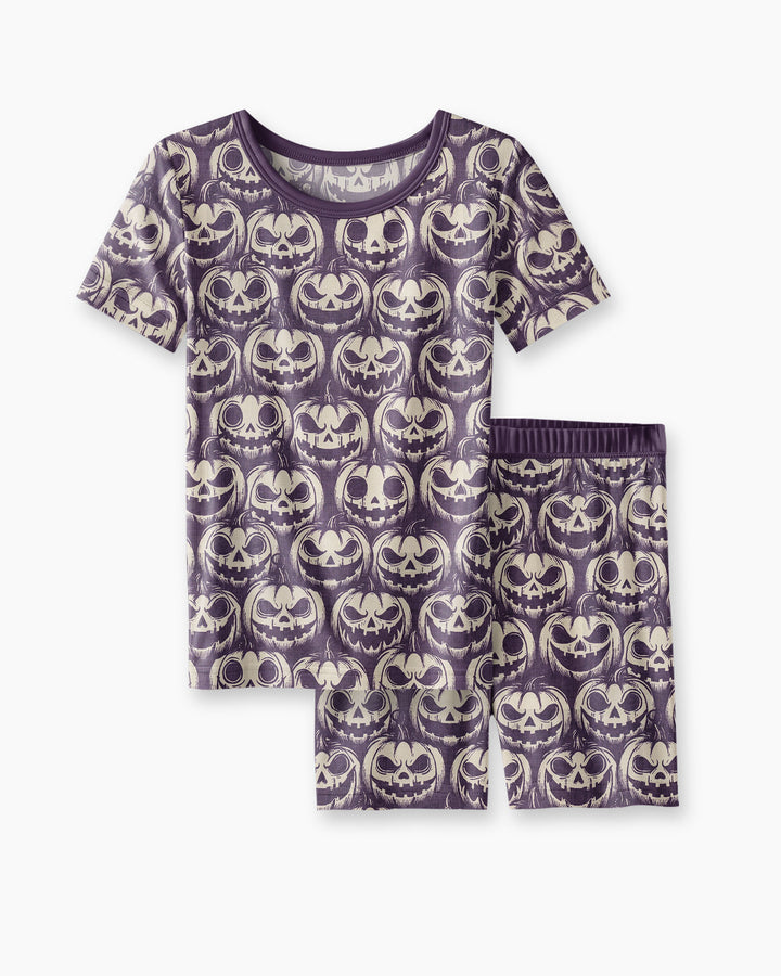 Retro Halloween Jack-O-Lantern Spooky Faces Bamboo Two Piece Short Sleeve Shorts Pajama Set
