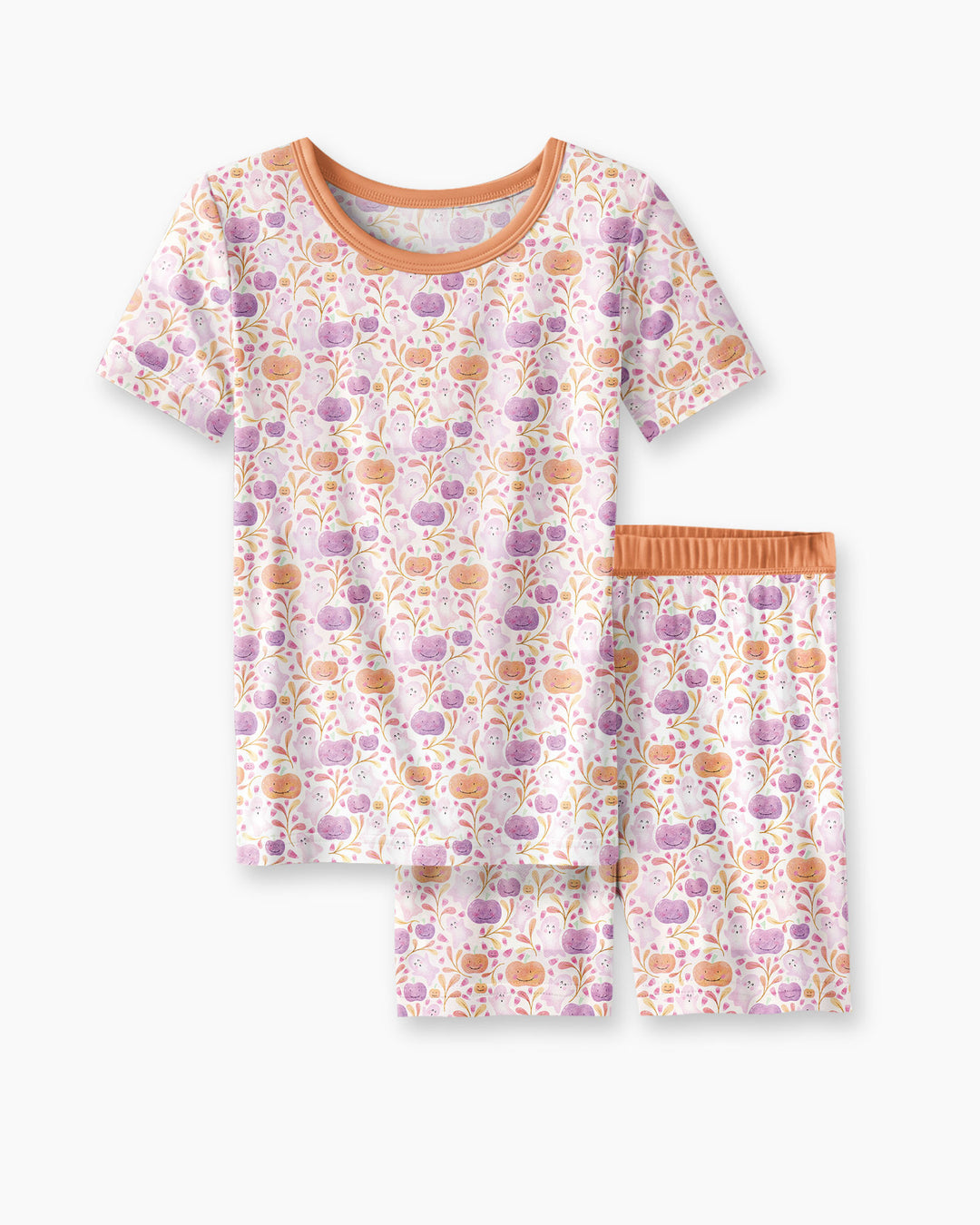 Pastel Pumpkins and Ghosts Bamboo Two Piece Short Sleeve Shorts Pajama Set