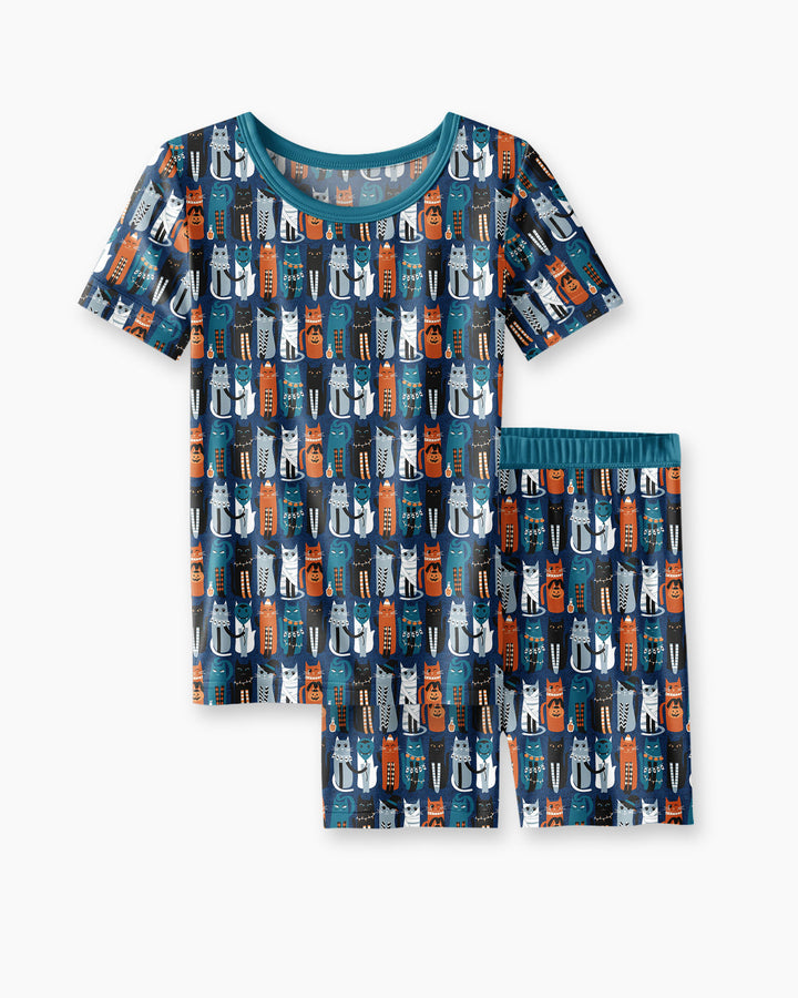Retro Halloween Cat Bamboo Two Piece Short Sleeve Shorts Pajama Set