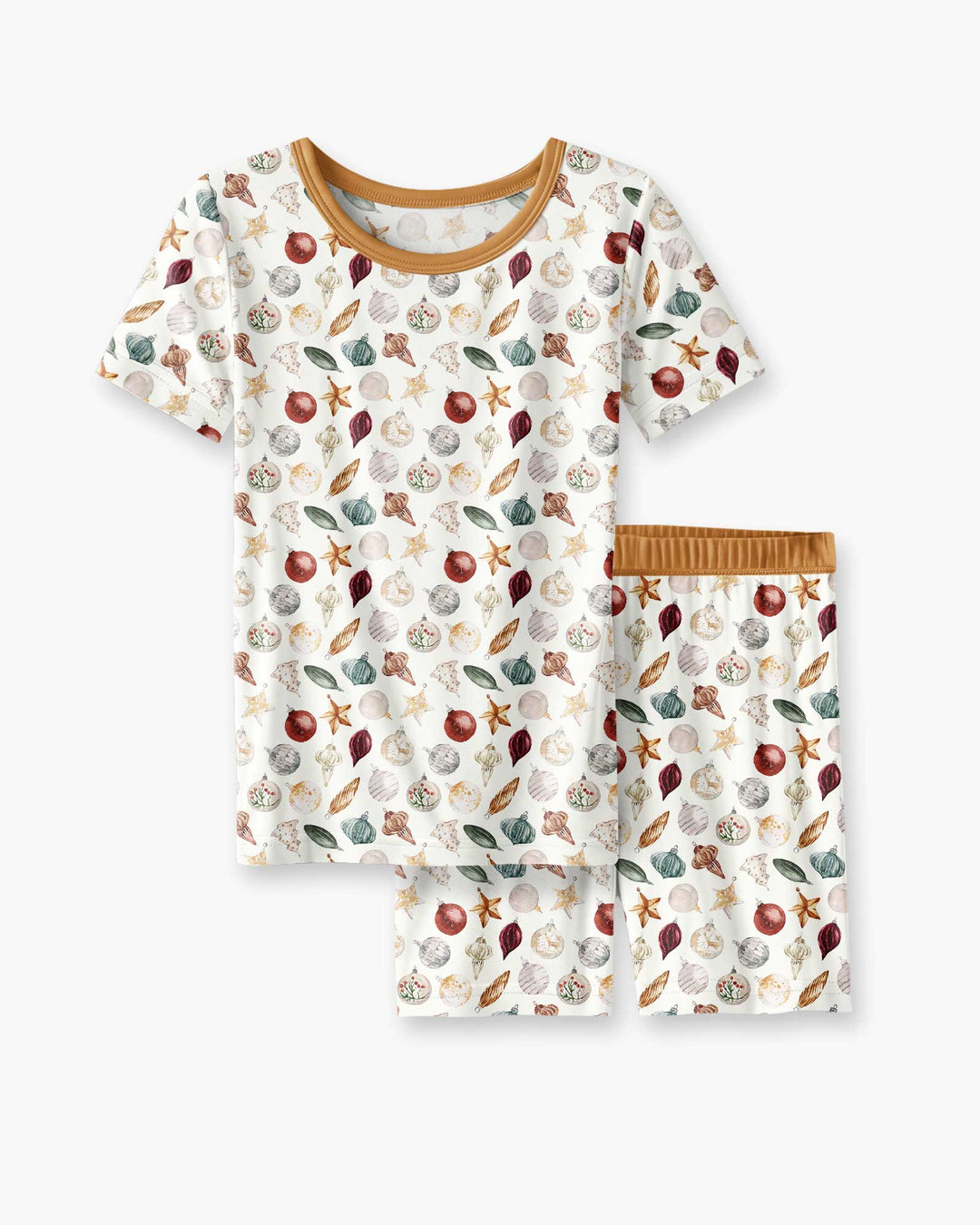 Watercolor Christmas Ornaments Bamboo Two Piece Short Sleeve Shorts Pajama Set