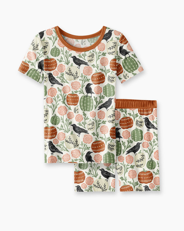 Country Crows with Mums and Pumpkins Bamboo Two Piece Short Sleeve Shorts Pajama Set