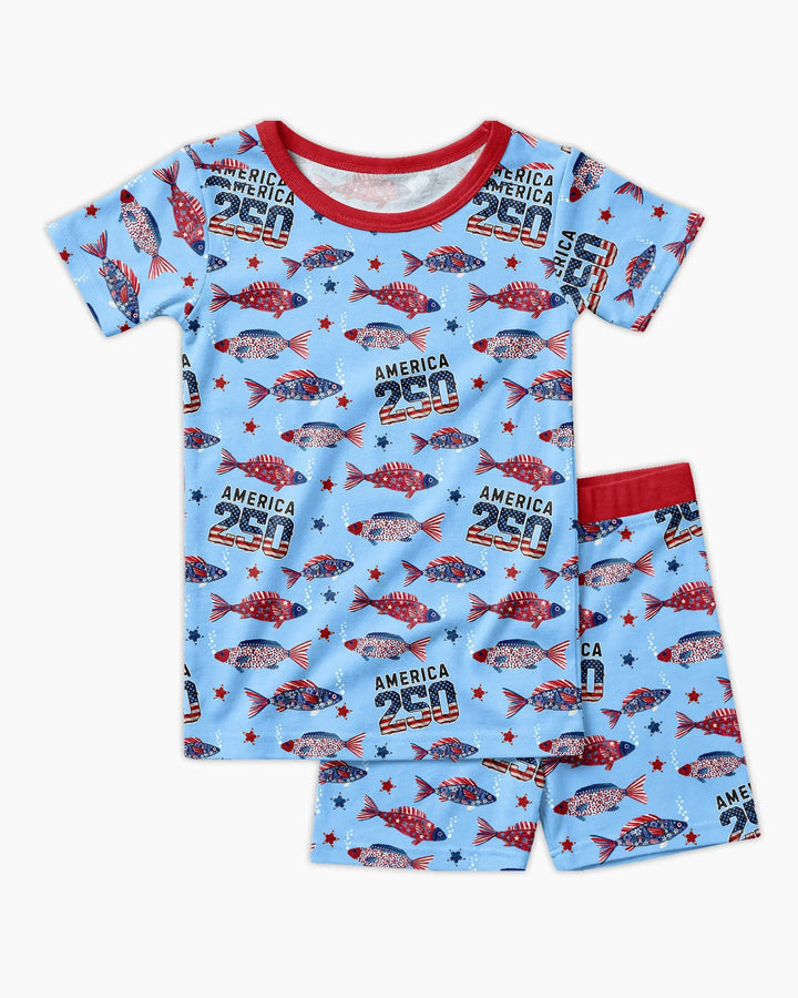Stars and Stripes Fish Bamboo Two Piece Short Sleeve Shorts Pajama Set