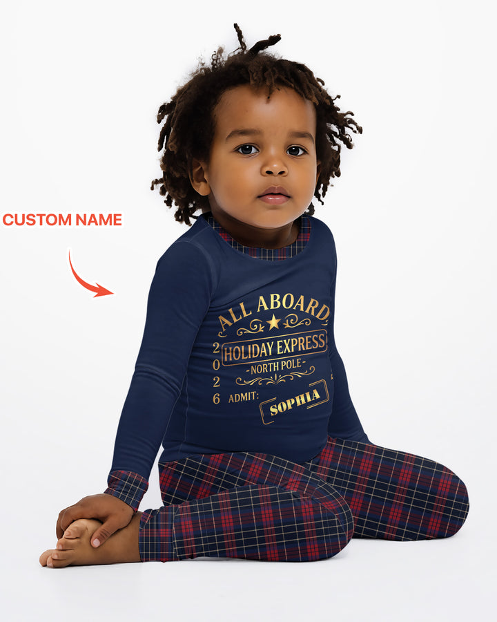 Custom Name North Pole Plaid Bamboo Two Piece Long Sleeve Pajama Set