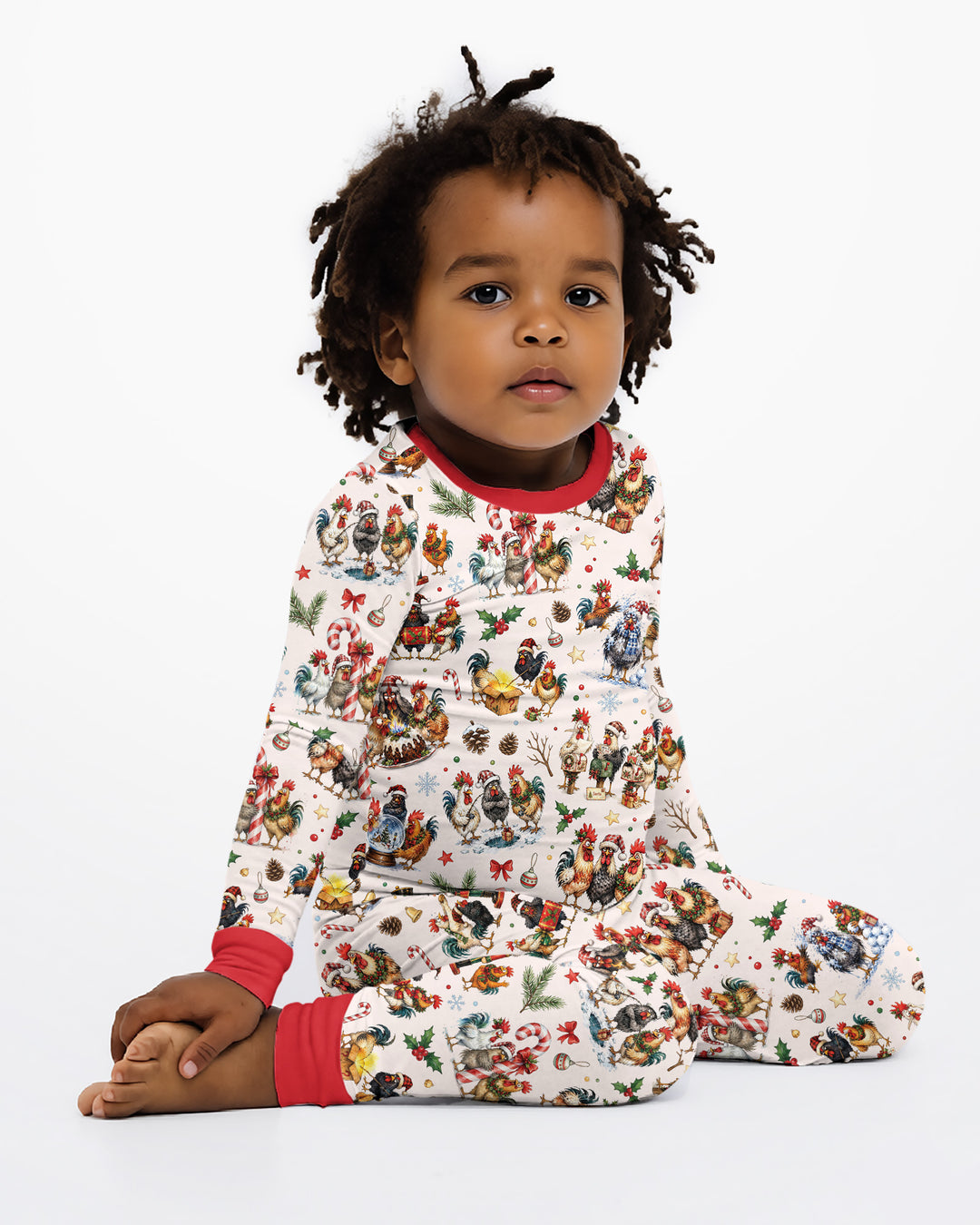Funny Roosters On Christmas Bamboo Two Piece Long Sleeve Pajama Set