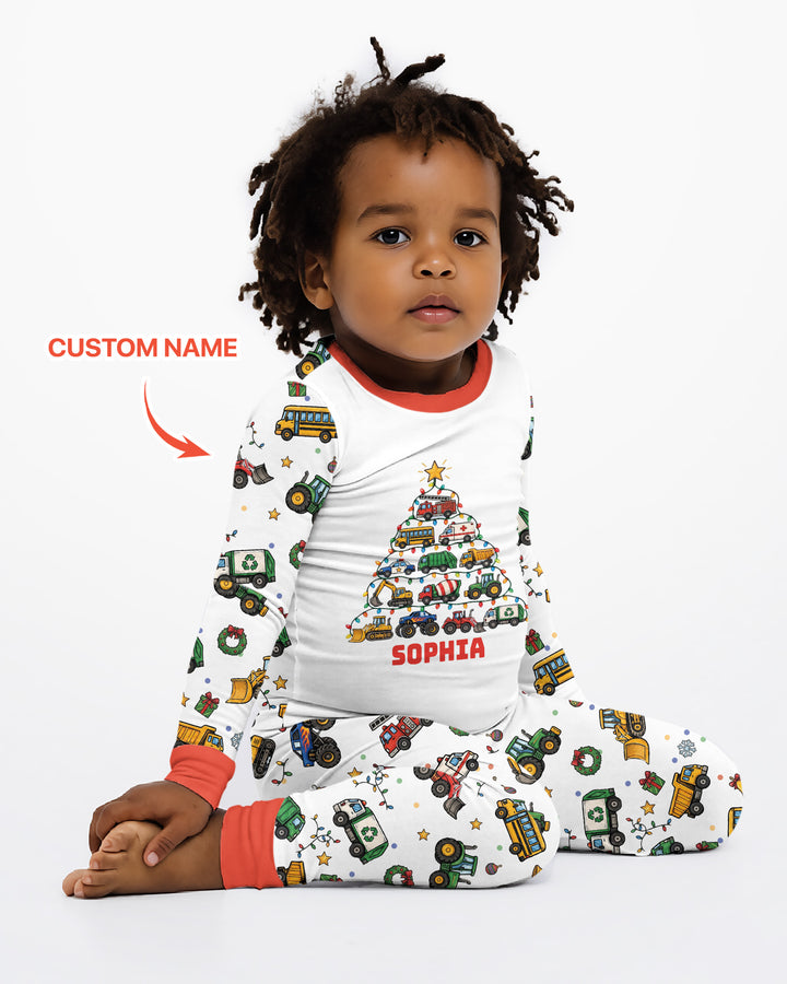 Custom Name Little Trucks Christmas Tree Bamboo Two Piece Long Sleeve Pajama Set