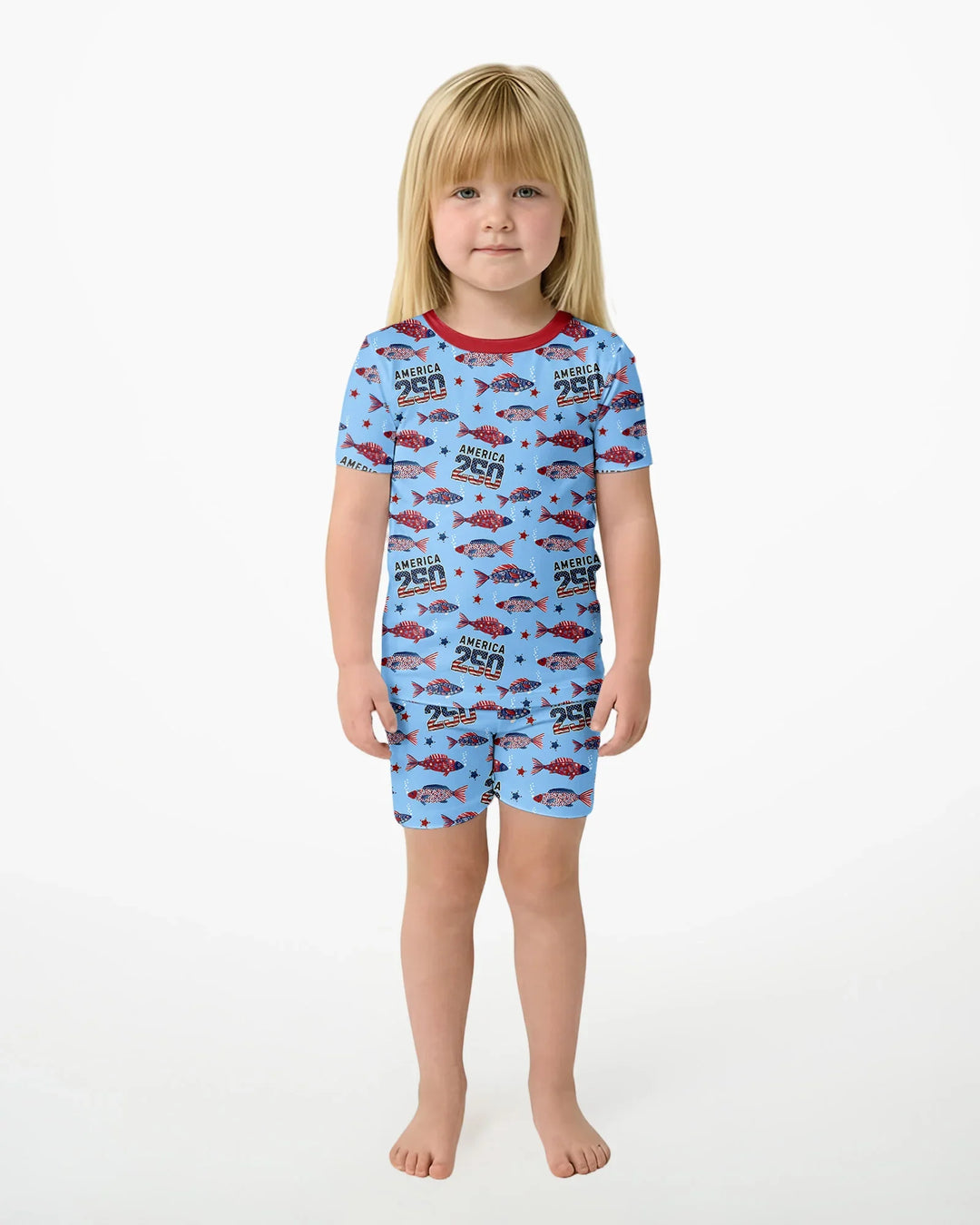 Stars and Stripes Fish Bamboo Two Piece Short Sleeve Shorts Pajama Set