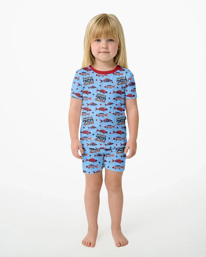 Stars and Stripes Fish Bamboo Two Piece Short Sleeve Shorts Pajama Set