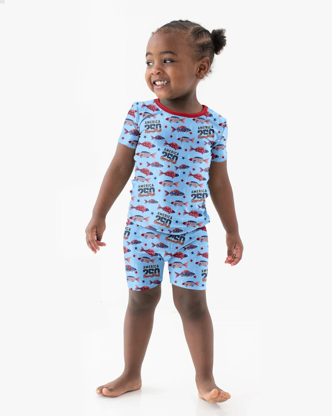 Stars and Stripes Fish Bamboo Two Piece Short Sleeve Shorts Pajama Set