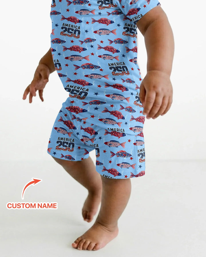Stars and Stripes Fish Bamboo Two Piece Short Sleeve Shorts Pajama Set