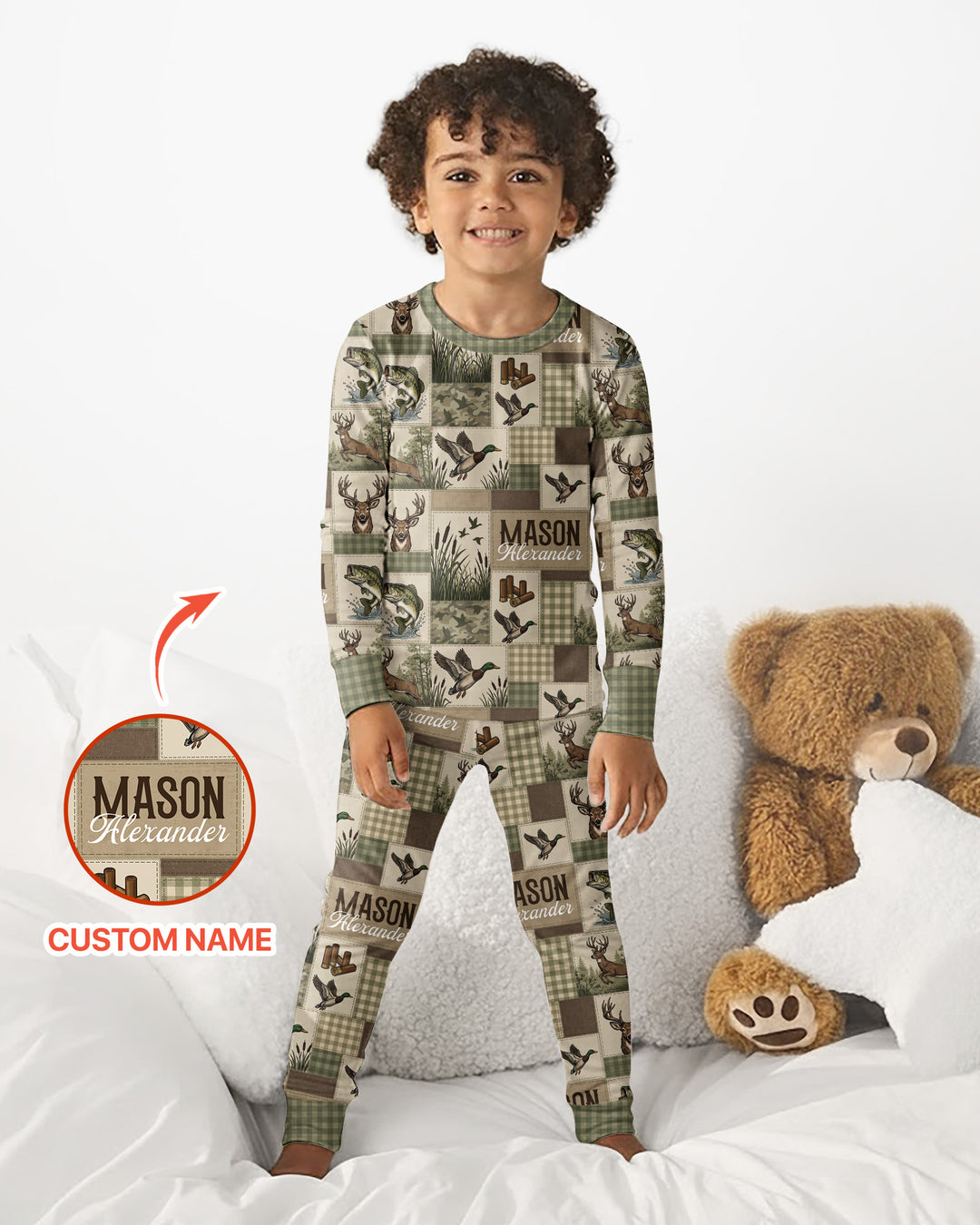 Personalized Hunting Patchwork Bamboo Two Piece Long Sleeve Pajama Set