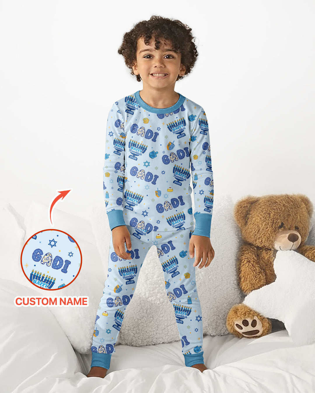 Custom name Happy Hanukkah 2026 Bamboo Two Piece Long Sleeve Pajama Set