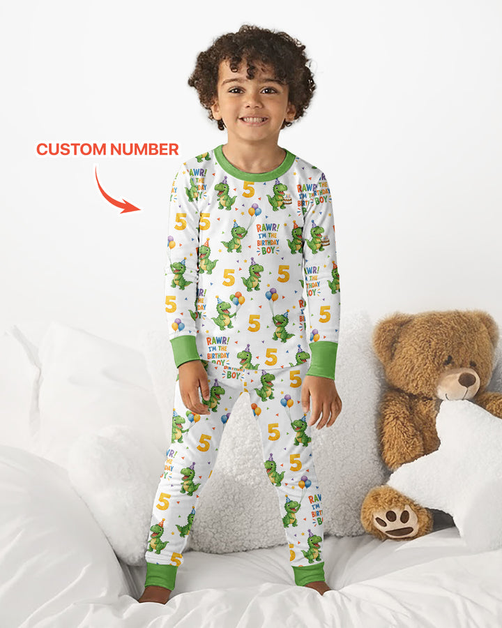 Personalized Dinosaur Birthday Boy Bamboo Two Piece Long Sleeve Pajama Set