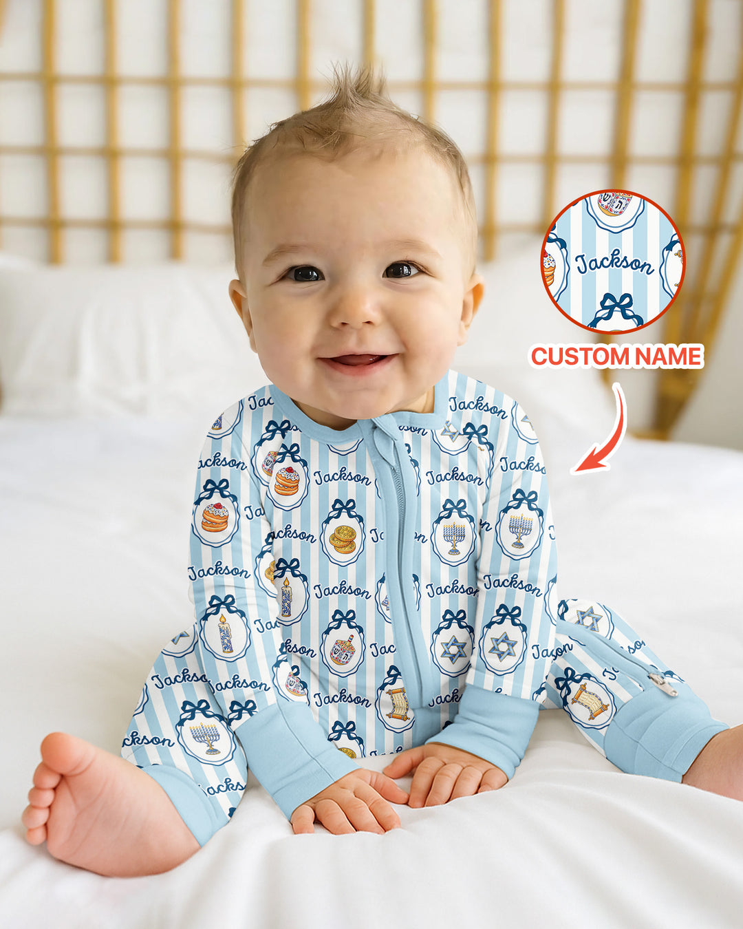 Custom Name Hanukkah Striped Bamboo Convertible Zippy